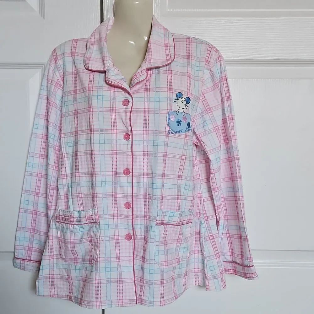 Ludimalilian Women's Button-Down Long Sleeves Cotton PJ Shirt Pink/White Large